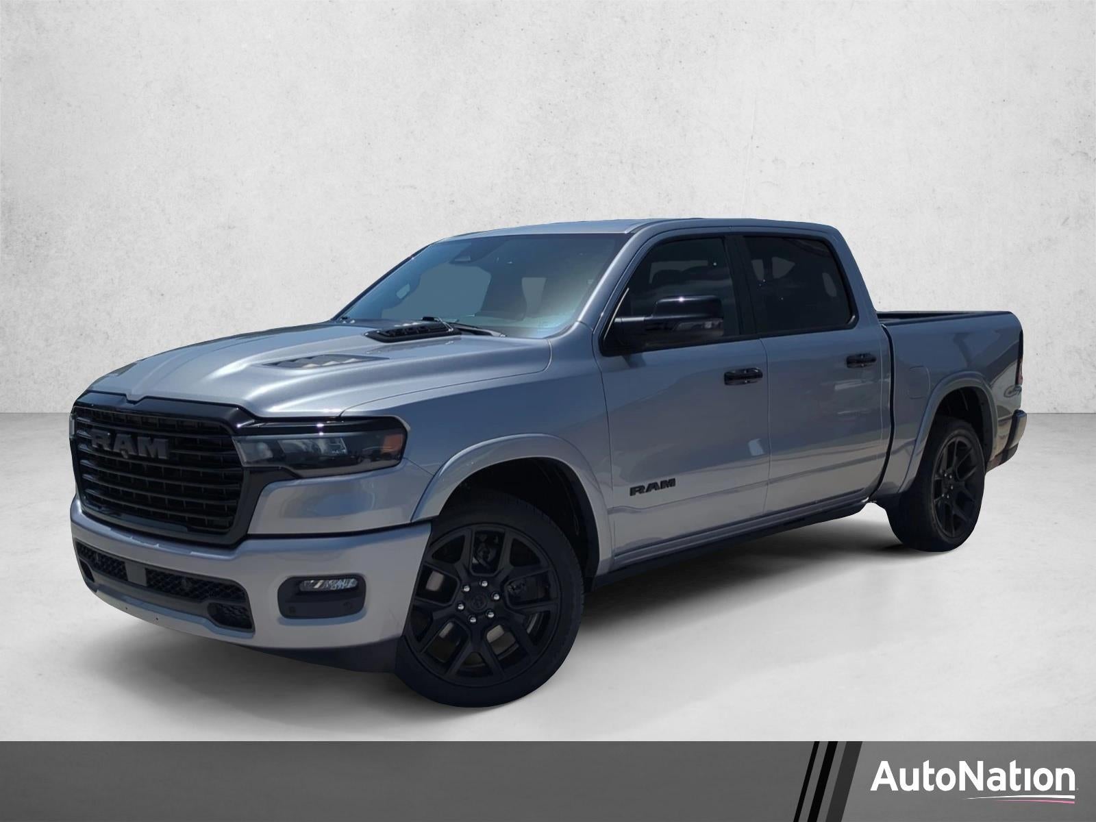 2025 RAM 1500 Laramie 4x4 Crew Cab 5'7" Box in Billet Silver Metallic Clearcoat — front three-quarter view
